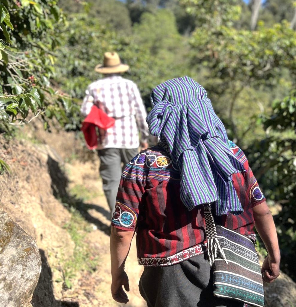 A person in a red patterned blouse and blue striped headscarf walks along a dirt path with another person in the background among green trees.