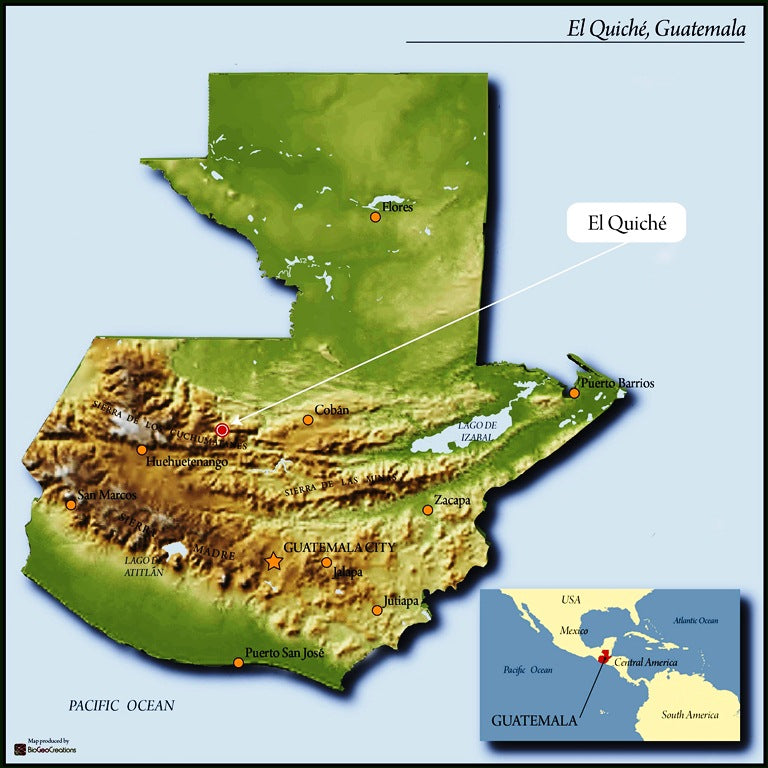 A map of El Quiché, Guatemala, showing the country outline with labeled cities, a relief-style terrain map, and a small inset map in the lower right. The image includes a small 'Relief Maps' logo in the bottom-left corner.