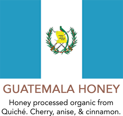 Guatemala honey product graphic with the Guatemalan flag above the text 'GUATEMALA HONEY' and 'Honey processed organic from Quiché. Cherry, anise, & cinnamon.