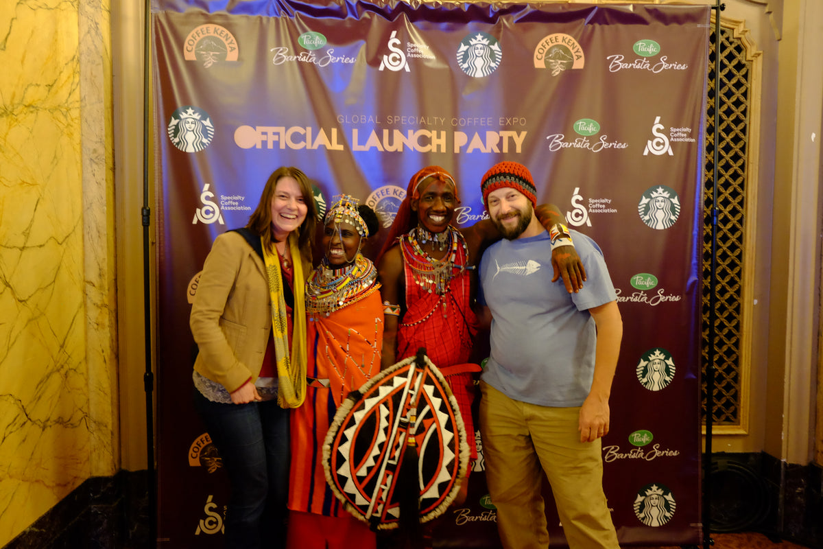 Stacy and Emile Lauriat at the Specialty Coffee Association Expo 2017 with representatives from the Kenyan coffee delegation