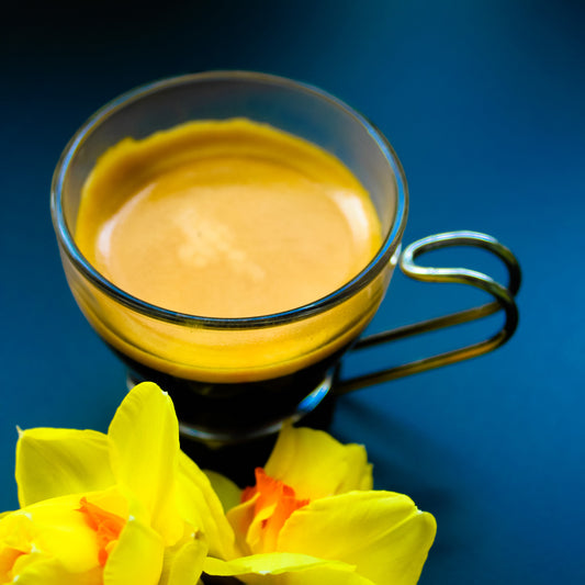 Guatemala Honey Processed Coffee served as espresso in a glass mug with a double wire handle and some yellow irises next to the mug against a dark blue background.