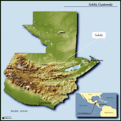 Map of Solola, Guatemala near Lake Atitlan showing where this Honey Processed Coffee is farmed.